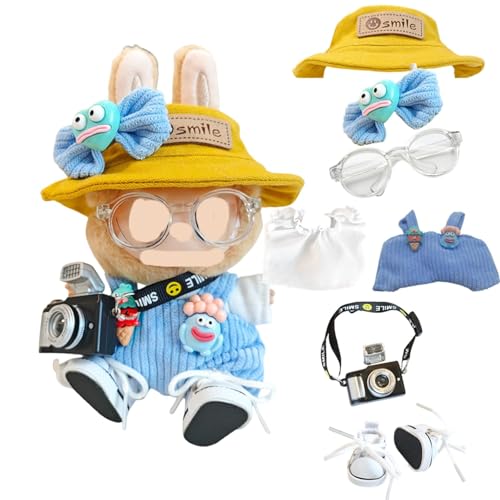 Kleidung für Puppen, 7-teiliges Set (keine Puppe), für 17 cm große Puppen, einschließlich Kleidung, Hüte, Hosen, Schuhe, Brillen, Haarnadeln, Kameras, Puppenzubehör (Blau) von LAIBUY