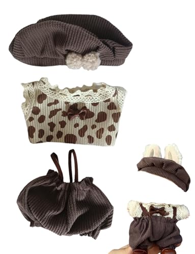 Puppen-Outfit-Kleidungsset für 17 cm große Puppen, Premium-Mode-Hut, Overall, Pullover, Tasche, Kleid, Overall für Puppen, Zubehör (keine Puppe) (braunes Set) von LAIBUY