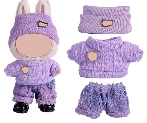 Puppenkleidung kompatibles Set mit 3 Outfits, entzückende 17 cm Puppenkleidung (17 cm), handgefertigte Häkelpuppen, Ropa-Designer-Zubehör, Kleidung, Mütze, Oberteil und Pullover (lila) von LAIBUY