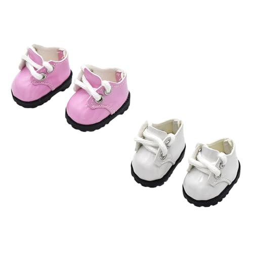 Puppenschuhe für 15cm/17cm Puppen, Mini PU Leder Loafer Schuhe, Fashion Doll Kleidung & Outfit Zubehör Ersatz (Oxford 2 Paar - Weiß & Rosa) von LAIBUY