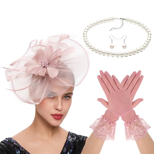 LAIOUSN Fascinator-Kostüm-Set mit Blumen-Haarspange, Handschuhen, Halskette für Hochzeiten, Themenpartys, Teaparty, Pferderennen, Event, Kostümzubehör von LAIOUSN