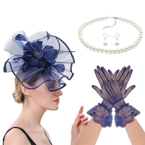 LAIOUSN Fascinator-Kostüm-Set mit Blumen-Haarspange, Handschuhen, Halskette für Hochzeiten, Themenpartys, Teaparty, Pferderennen, Event, Kostümzubehör von LAIOUSN