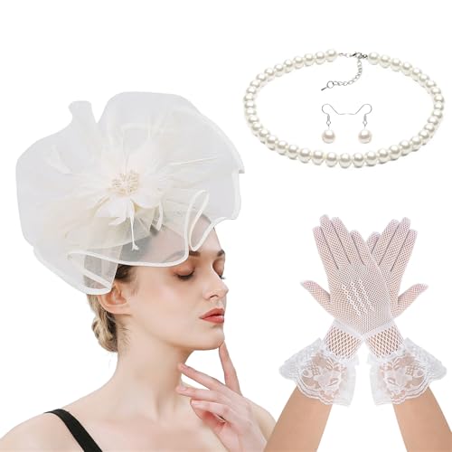 LAIOUSN Fascinator-Kostüm-Set mit Blumen-Haarspange, Handschuhen, Halskette für Hochzeiten, Themenpartys, Teaparty, Pferderennen, Event, Kostümzubehör von LAIOUSN