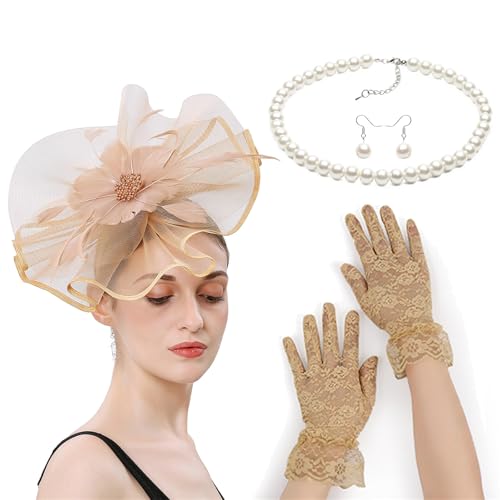 LAIOUSN Fascinator-Kostüm-Set mit Blumen-Haarspange, Handschuhen, Halskette für Hochzeiten, Themenpartys, Teaparty, Pferderennen, Event, Kostümzubehör LAIOUSN Fascinator-Kostüm-Set mit Blumen-Haarspange, Handschuhen, Halskette für Hochzeiten, Themenpartys, Teaparty, Pferderennen, Event, Kostümzubehör von LAIOUSN