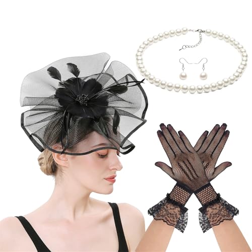 LAIOUSN Fascinator-Kostüm-Set mit Blumen-Haarspange, Handschuhen, Halskette für Hochzeiten, Themenpartys, Teaparty, Pferderennen, Event, Kostümzubehör LAIOUSN Fascinator-Kostüm-Set mit Blumen-Haarspange, Handschuhen, Halskette für Hochzeiten, Themenpartys, Teaparty, Pferderennen, Event, Kostümzubehör von LAIOUSN