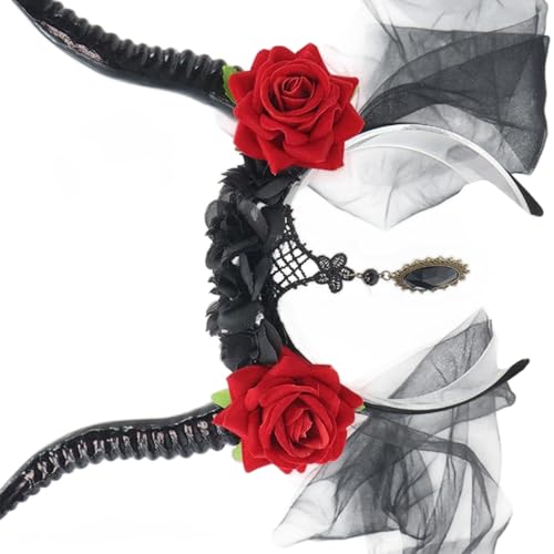 LAIOUSN Stilvolles Horn-Stirnband mit Netzschleier und Blumenverzierungen, Haarschmuck für Erwachsenenkostüm-Accessoires LAIOUSN Stilvolles Horn-Stirnband mit Netzschleier und Blumenverzierungen, Haarschmuck für Erwachsenenkostüm-Accessoires von LAIOUSN