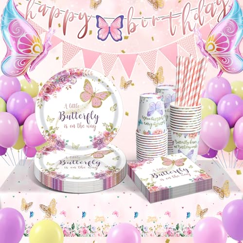 Schmetterling Partygeschirr Set, Geburtstag Party Geschirr, Pappteller schmetterling deko geburtstag, Schmetterling Pappteller Tassen Servietten Tischdecke für Party Kindergeburtstag Deko 16 Gäste von LAISLLA