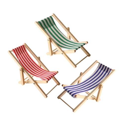 LALADEFIEE 3 Stück Teiliges Miniatur Holz Strandliegen Klappbar Miniaturmöbel für Puppenhaus Outdoor Deko Realistisches Design in Rot Blau Grün aus Stabilem Holz von LALADEFIEE