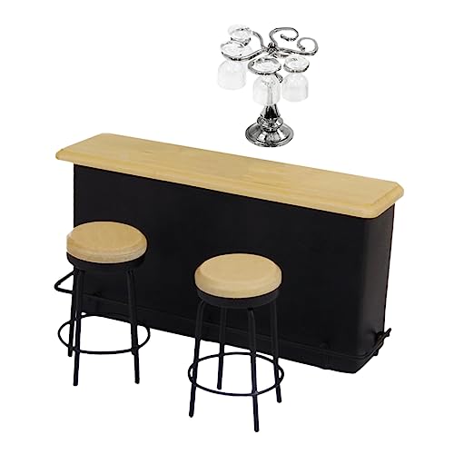 LALADEFIEE Miniatur Bar Theken Set mit Mini Weingläsern und Barhockern Detailreiches Puppenhaus Zubehör Silberner Becherhalter Miniatur Modellmöbel für Puppenhäuser und Sammlungen von LALADEFIEE