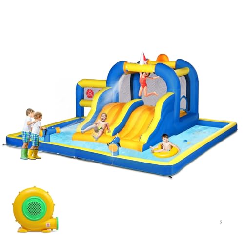 LALAHO Hüpfburg Kinder mit Gebläse, Aufblasbarer Wasserpark mit Trampolin, Doppelrutsche, Schwimmbecken, Basketballkorb, Geeignet für 3 Kinder im Alter von 3 bis 10 Jahren, 470x472x225 cm LALAHO Hüpfburg Kinder mit Gebläse, Aufblasbarer Wasserpark mit Trampolin, Doppelrutsche, Schwimmbecken, Basketballkorb, Geeignet für 3 Kinder im Alter von 3 bis 10 Jahren, 470x472x225 cm von LALAHO