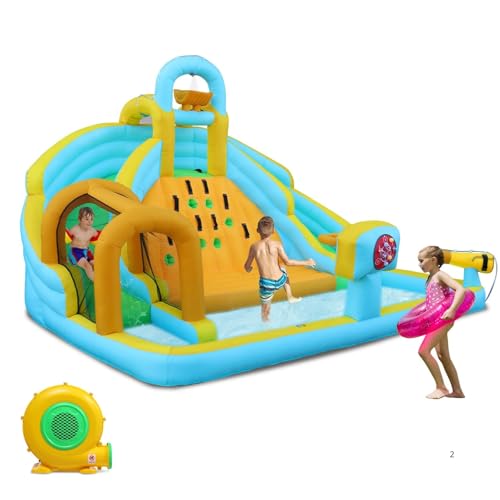 LALAHO Hüpfburg Kinder mit Gebläse, Aufblasbarer Wasserpark mit Trampolin, Rutsche, Schwimmbecken, Kletterwand, Geeignet für 3 Kinder im Alter von 3 bis 10 Jahren, 395x350x260 cm von LALAHO