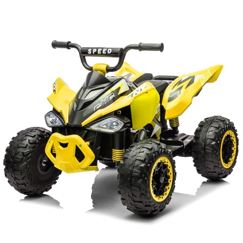 LALAHO Kinder Quad Elektro 12V Kinderquad, Kinderfahrzeug mit LED-Scheinwerfern, Musik & Hupe, Elektroauto mit 4 rutschfeste Räder & langsamer Start, für Kinder 3–8 Jahre alt (Gelb) von LALAHO