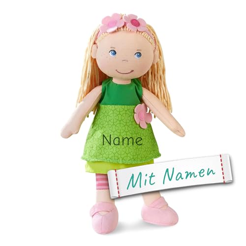HABA Stoffpuppe mit Namen Bestickt, weiche Erste Baby Puppe mit Kleidung und Haaren, 0-5 Jahre Kuschelpuppe Taufgeschenk, Anziehpuppe Kuschelpuppe von LALALO