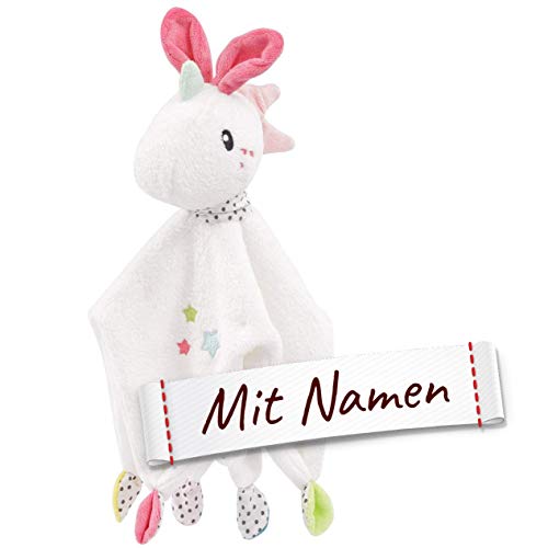 LALALO FEHN Schmusetuch Einhorn mit Namen Bestickt, Baby & Kleinkinder Spielkamerad & Einschlafhilfe, Schmusetuch Stofftier-Schnuffeltuch personalisiert, Kuscheltuch Geschenkidee Mädchen von LALALO