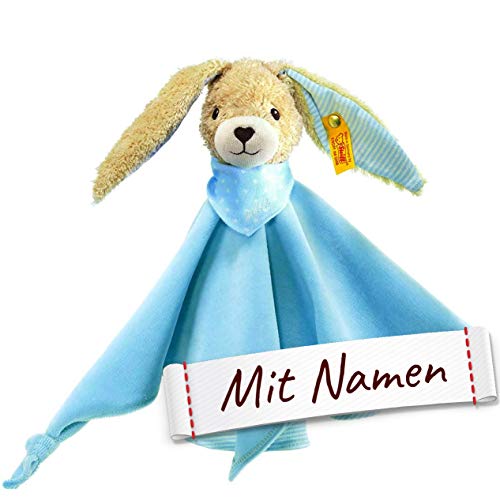 LALALO Steiff Hoppel Hase Schmusetuch Bestickt mit Namen für Baby & Kinder personalisiert, Kuscheltuch, 100% Bio Baumwolle, 28 cm (Blau) von LALALO
