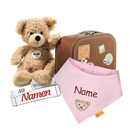 Steiff Teddybär Fynn im Koffer + Halstuch mit Namen personalisiert (bestickt), Mädchen Babygeschenk zur Geburt, Taufe, Geburtstag Geschenk, Bär Kuscheltier (Halstuch Mädchen, Rosa) von LALALO