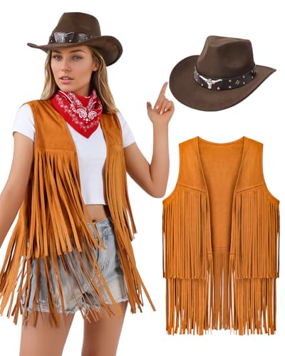LALATCH Cowgirl-Outfits für Damen, Cowboy-Kostüm mit Fransen, Weste, Bandana, Hut für Western-Mottopartys, Halloween, 3-teilig, Braun, M von LALATCH