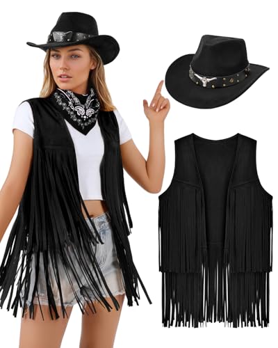 LALATCH Cowgirl-Outfits für Damen, Cowboy-Kostüm mit Fransen, Weste, Bandana, Hut für Western-Mottopartys, Halloween, 3-teilig, Schwarz, L von LALATCH
