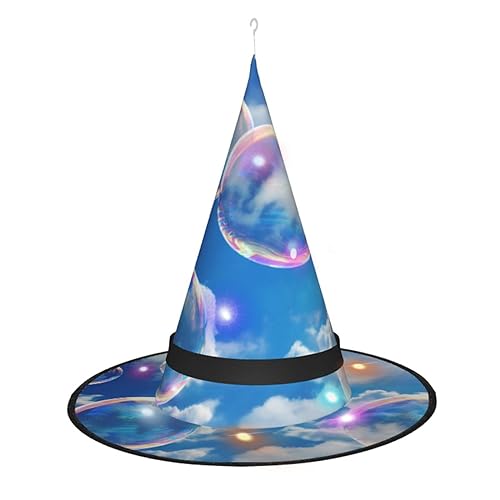 LAMAME Blasenhut mit blauem Himmel, bedruckt, Halloween-Hexenhut, für Erwachsene, leuchtender spitzer Hut, Halloween, Weihnachten, Party, Dekoration von LAMAME