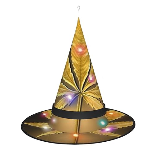 LAMAME Goldener Cannabis bedruckter Halloween-Hexenhut für Erwachsene, leuchtender spitzer Hut für Halloween, Weihnachten, Party, Dekoration LAMAME Goldener Cannabis bedruckter Halloween-Hexenhut für Erwachsene, leuchtender spitzer Hut für Halloween, Weihnachten, Party, Dekoration von LAMAME