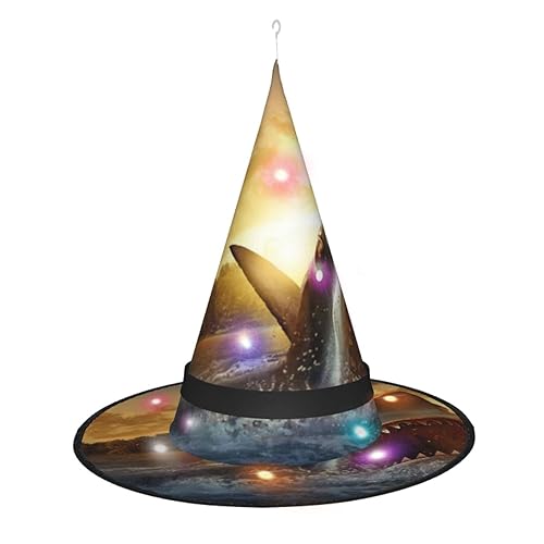 LAMAME Halloween-Hexenhut mit Hai-Aufdruck für Erwachsene, leuchtender spitzer Hut für Halloween, Weihnachten, Party, Dekoration von LAMAME