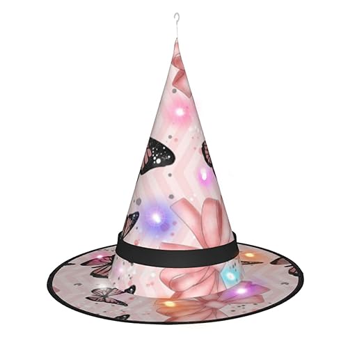 LAMAME Halloween-Hexenhut mit Schmetterlings-Motiv, rosa bedruckt, für Erwachsene, leuchtender spitzer Hut für Halloween, Weihnachten, Party, Dekoration von LAMAME