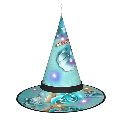 LAMAME Hellblauer Schmetterling bedruckter Halloween-Hexenhut für Erwachsene, leuchtender spitzer Hut für Halloween, Weihnachten, Party, Dekoration, Hut von LAMAME