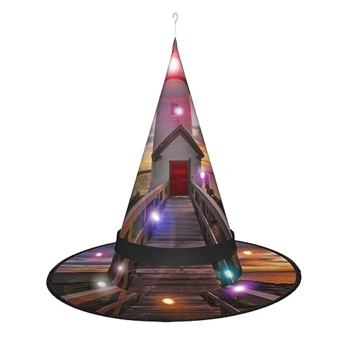 LAMAME Leuchtturm bedruckter Halloween-Hexenhut für Erwachsene, leuchtender spitzer Hut für Halloween, Weihnachten, Party, Dekoration von LAMAME