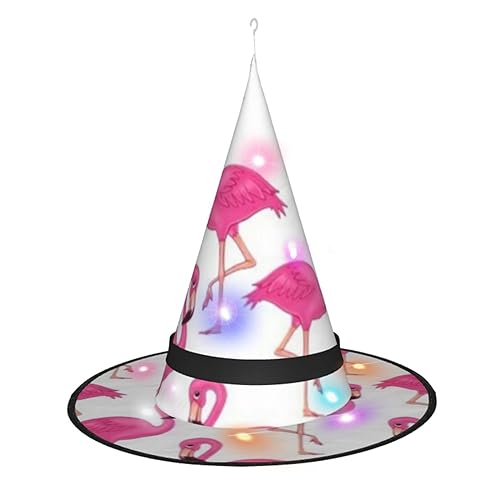 LAMAME Pinker Flamingo bedruckter Halloween-Hexenhut für Erwachsene, leuchtender spitzer Hut für Halloween, Weihnachten, Party, Dekoration von LAMAME