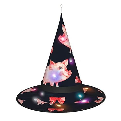 LAMAME Roter süßer Hexenhut mit Schweinchen-Motiv, für Erwachsene, leuchtender, spitzer Hut, Halloween, Weihnachten, Party, Dekoration von LAMAME