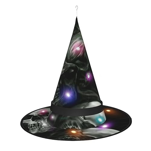 LAMAME Schwarz-weißer Totenkopf-Druck, Halloween-Hexenhut, für Erwachsene, leuchtender spitzer Hut, Halloween, Weihnachten, Party, Dekoration von LAMAME