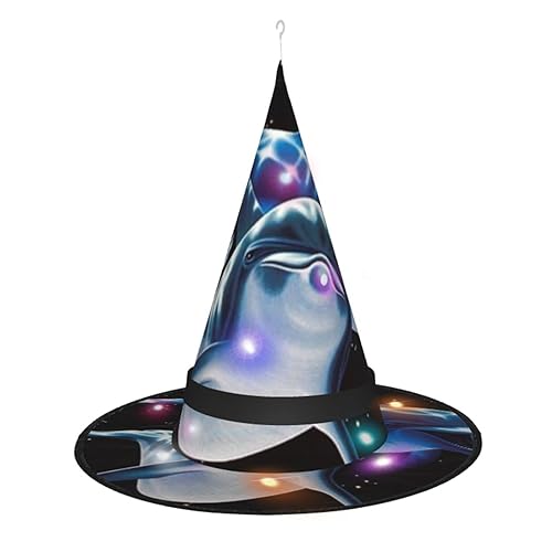 LAMAME Schwarzer Halloween-Hexenhut mit Delfin-Druck, für Erwachsene, leuchtender, spitzer Hut, Halloween, Weihnachten, Party, Dekoration von LAMAME