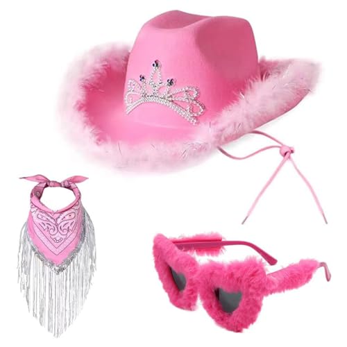 LAMDNL Cosplay-Cowboyhüte für weibliche Western-Cowgirl-Hut, Kopftuch, Herzform, Sonnenbrille, Junggesellinnenabschied, Kostüm-Set von LAMDNL