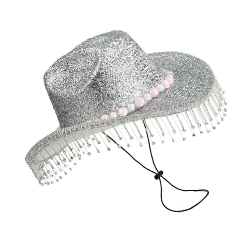LAMDNL Cowboyhüte mit Diamant-Quasten, Handperlen, Kristall und rosa Perlen, Cowgirl-Hut für Karneval, Musikfestival von LAMDNL