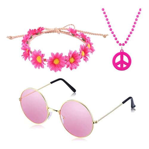 LAMDNL Hippie-Kostüm-Set für Damen, Vintage-Stil, Brille, Friedenszeichen, Halskette, Sonnenblumen-Haarband, für Party, Hippie-Sonnenbrille von LAMDNL