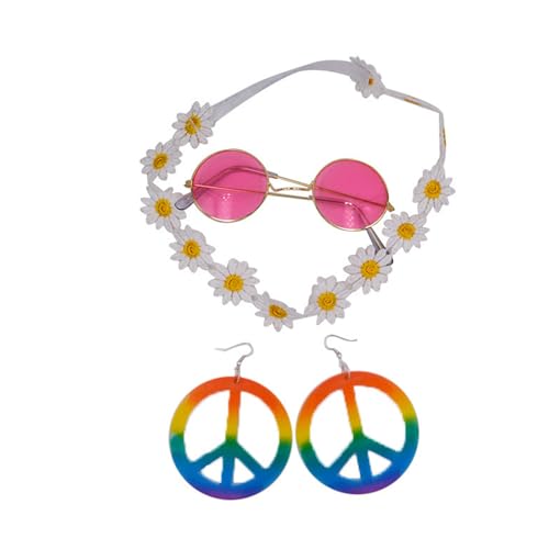 LAMDNL Hippie-Kostüm-Set für Damen, Vintage-Stil, Brille, Friedenszeichen, Halskette, Sonnenblumen-Haarband, für Party, Hippie-Sonnenbrille von LAMDNL