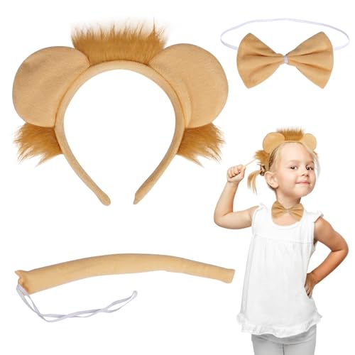 LAMEK 3TLG Löwe Kostüm Set Tier Haarreif mit Ohren Schwanz Fliege Löweohren Stirnband Cosplay Party Zubehör für Erwachsene Kinder Karneval Halloween Maskerade Kindergeburtstag von LAMEK