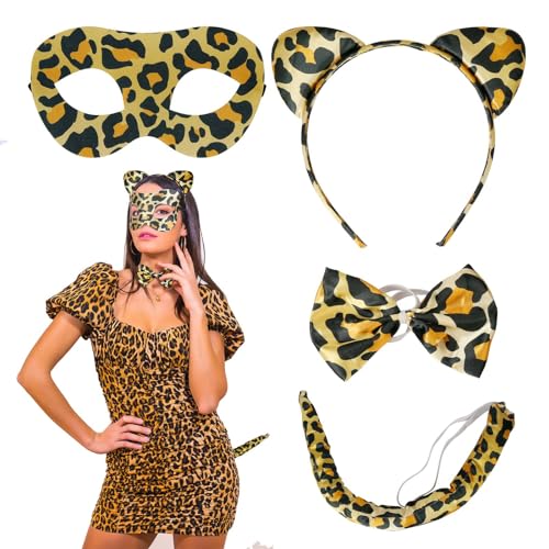 LAMEK 4 TLG Leoparden Kostüm Set Leopardenohren Haarreif Damen Tier Haarbänder Tierohren Stirnband mit Schwanz Maske Schleife für Halloween Karneval Cosplay Mottoparty von LAMEK