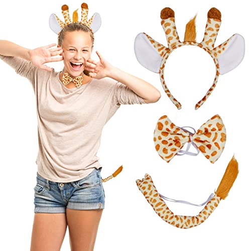 LAMEK 3TLG Giraffe Kostüm Set Tier Haarreif mit Ohren Schwanz Fliege Tierohren Stirnband Cosplay Party Zubehör für Erwachsene Kinder Karneval Halloween Maskerade Kindergeburtstag von LAMEK