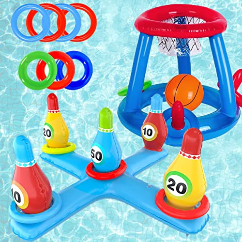 LAMOOER Aufblasbares Pool-Basketball-Spielzeug, Bowling-Kreuz-Wurf-Set, schwimmender Schwimmring und Strandball-Wurfspiele, Sommerparty, lustige Gefälligkeiten, Wasserschlachtspiel für Kinder und LAMOOER Aufblasbares Pool-Basketball-Spielzeug, Bowling-Kreuz-Wurf-Set, schwimmender Schwimmring und Strandball-Wurfspiele, Sommerparty, lustige Gefälligkeiten, Wasserschlachtspiel für Kinder und von LAMOOER