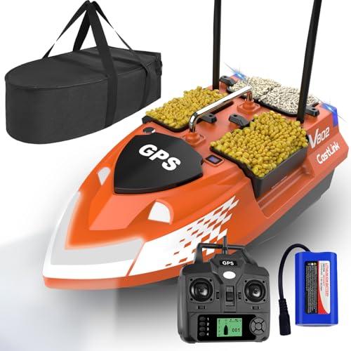 LANGSHI GPS Smart RC Fischköderboot, Auto Cruise Doppelmotor Vier Trichter Große Kapazität LED Nachtlichtboot (Orange,12000mAh) von LANGSHI