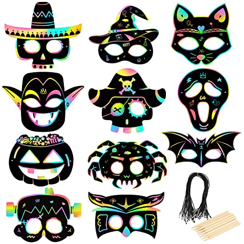 LANMOK 22 Stück Halloween Kratzmasken Regenbogen Scratch Art Masken Halloween Kratzbilder Basteln für Mädchen Jungen Geschenk Kinder DIY Partybedarf Cosplay Requisit von LANMOK