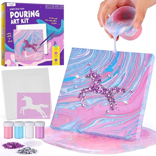LAOESE Einhorn Leinwand Gießfarben Malset, Bastelset für Kinder, Einhorn Geschenke für Mädchen Junge 6 7 8 9 10 Jahre, Unicorn Spielzeug, Kreativ Basteln Mädchen 4-12 Jahre Geschenkideen von LAOESE