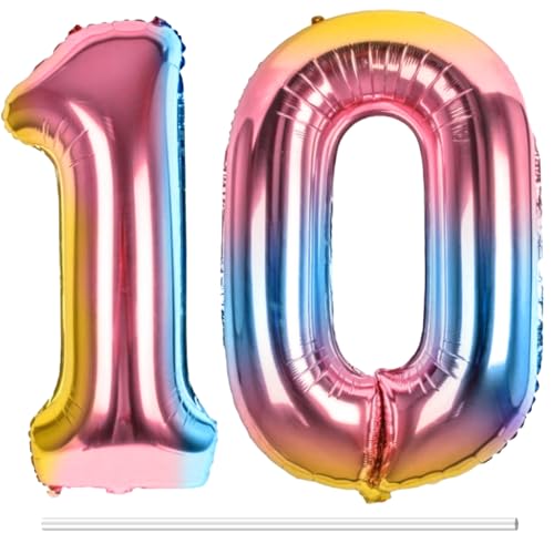 LAPONO Luftballons Geburtstag Zahl 10 Bunt, XXL Folienballon Zahlen 1 und 0 Riesen Helium Ballons 10 Jahre Geburtstagsdeko für Junge, Mädchen 10. Regenbogen Kindergeburtstag Jubiläum Party Deko von LAPONO