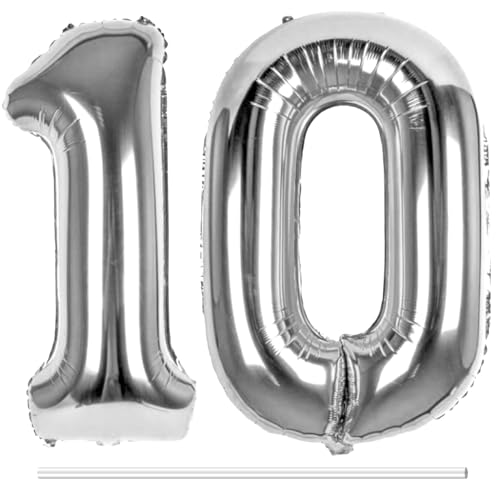 LAPONO Luftballons Geburtstag Zahl 10 Silber, XXL Folienballon Zahlen 1 und 0 Riesen Helium Ballons 10 Jahre Geburtstagsdeko für Junge, Mädchen 10. Kindergeburtstag Jubiläum Party Deko von LAPONO