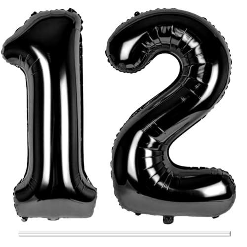 LAPONO Luftballons Geburtstag Zahl 12 Schwarz, XXL Folienballon Zahlen 1 und 2 Riesen Helium Ballons 12 Jahre Geburtstagsdeko für Junge, Mädchen 12. 21. Kindergeburtstag Jubiläum Party Deko von LAPONO