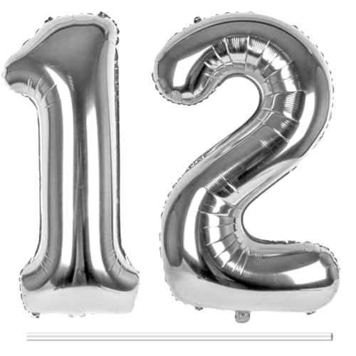 LAPONO Luftballons Geburtstag Zahl 12 Silber, XXL Folienballon Zahlen 1 und 2 Riesen Helium Ballons 12 Jahre Geburtstagsdeko für Junge, Mädchen 12. 21. Kindergeburtstag Jubiläum Party Deko von LAPONO