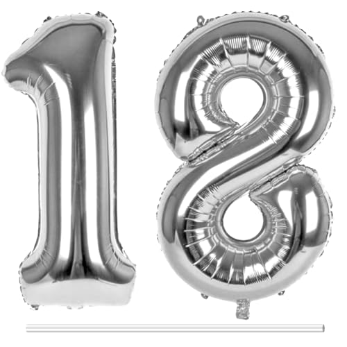LAPONO Luftballons Geburtstag Zahl 18 Silber, XXL Folienballon Zahlen 1 und 8 Riesen Helium Ballons 18 Jahre Geburtstagsdeko für Junge, Mädchen 18. Kindergeburtstag Jubiläum Party Deko von LAPONO