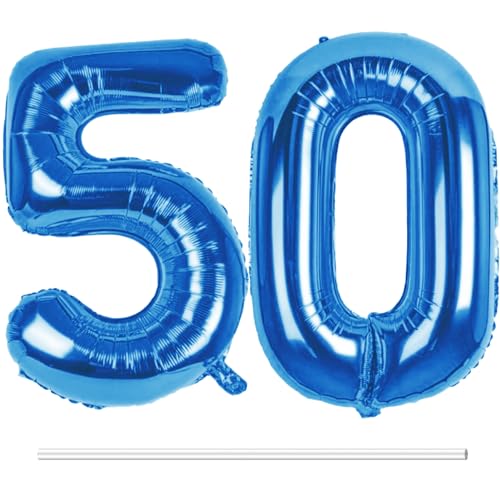 LAPONO Luftballons Geburtstag Zahl 50 Blau, XXL Folienballon Zahlen 5 und 0 Riesen Helium Ballons 50 Jahre Geburtstagsdeko für Junge, Mädchen 50. Kindergeburtstag Jubiläum Party Deko von LAPONO