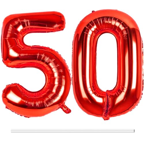 LAPONO Luftballons Geburtstag Zahl 50 Rot, XXL Folienballon Zahlen 5 und 0 Riesen Helium Ballons 50 Jahre Geburtstagsdeko für Junge, Mädchen 50. Kindergeburtstag Jubiläum Party Deko von LAPONO